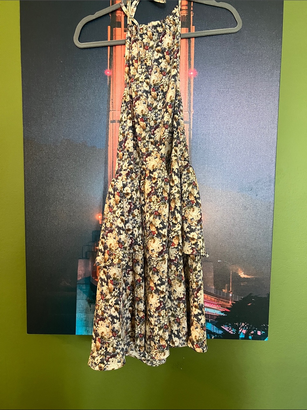 Floral High-Low Halter Dress in Cream and Navy